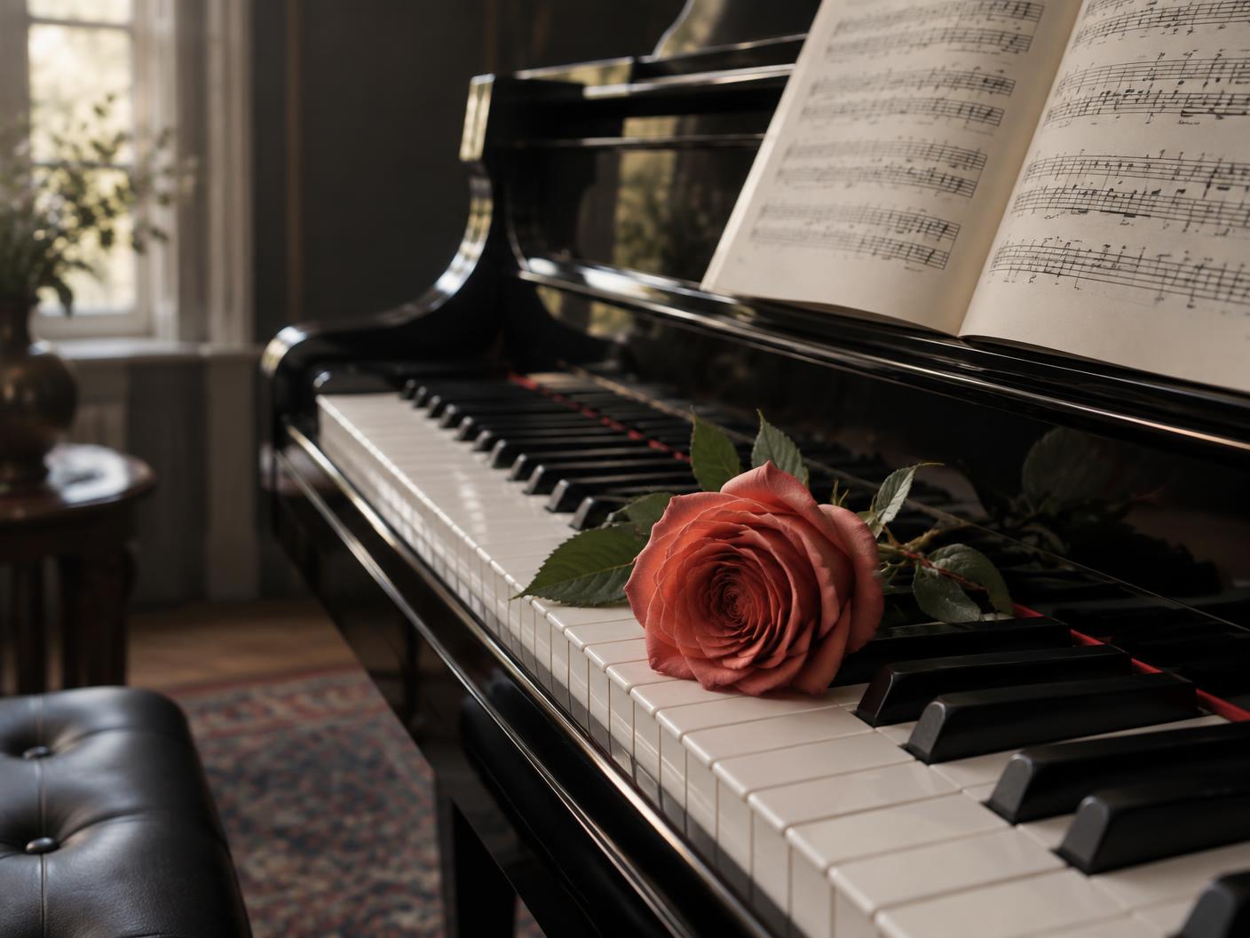 Grand piano with open sheet music and a rose on its keys